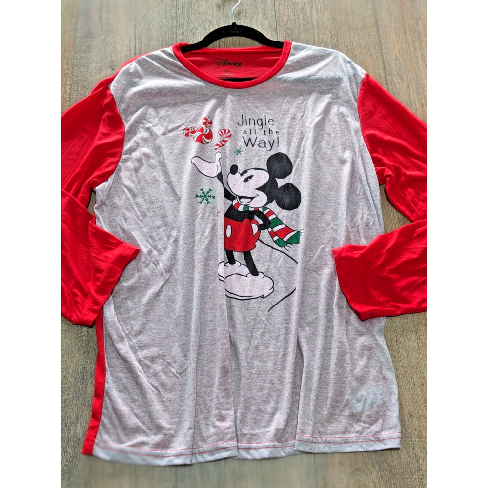 Disney Christmas Pajama Shirt Mens Large Gray Red Long Sleeve Mickey Mouse